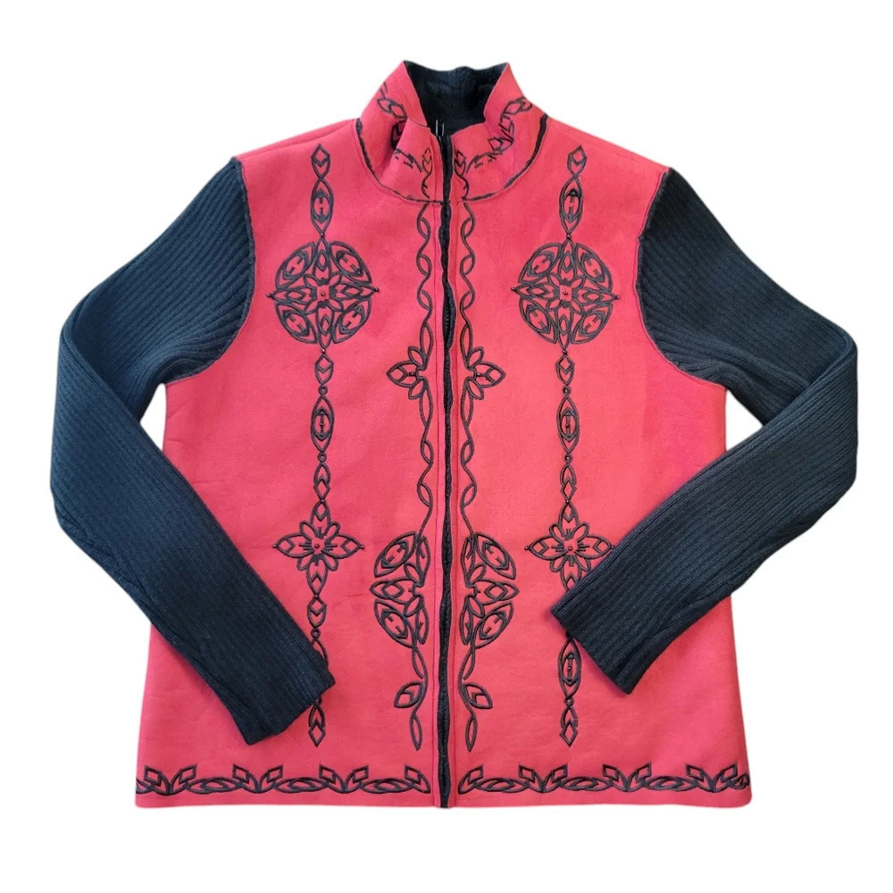 Coldwater Creek Fleece-lined Faux Suede Red  Black Embroidered Jacket Women M